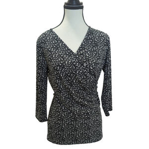 Ann Taylor Petite Wrap Top Black White Micro Floral V-Neck 3/4 Sleeve Luxury SP